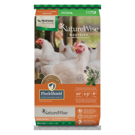 A bag of Nutrena NatureWise MeatBird 22% protein crumble feed with images of chickens on the front.