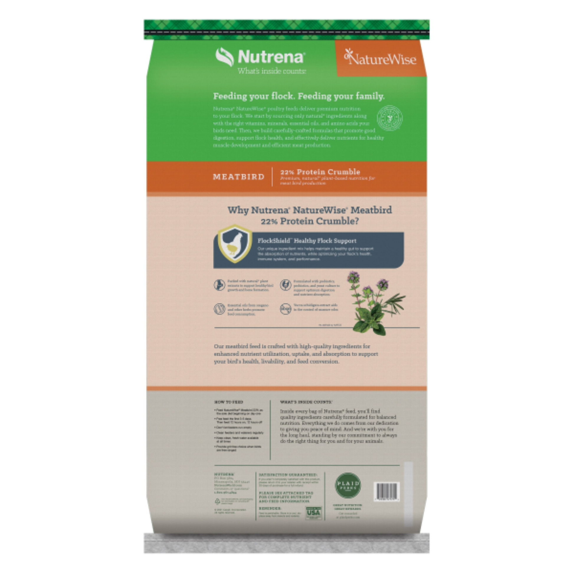 The back of a Nutrena Meatbird Crumble feed bag on a white background