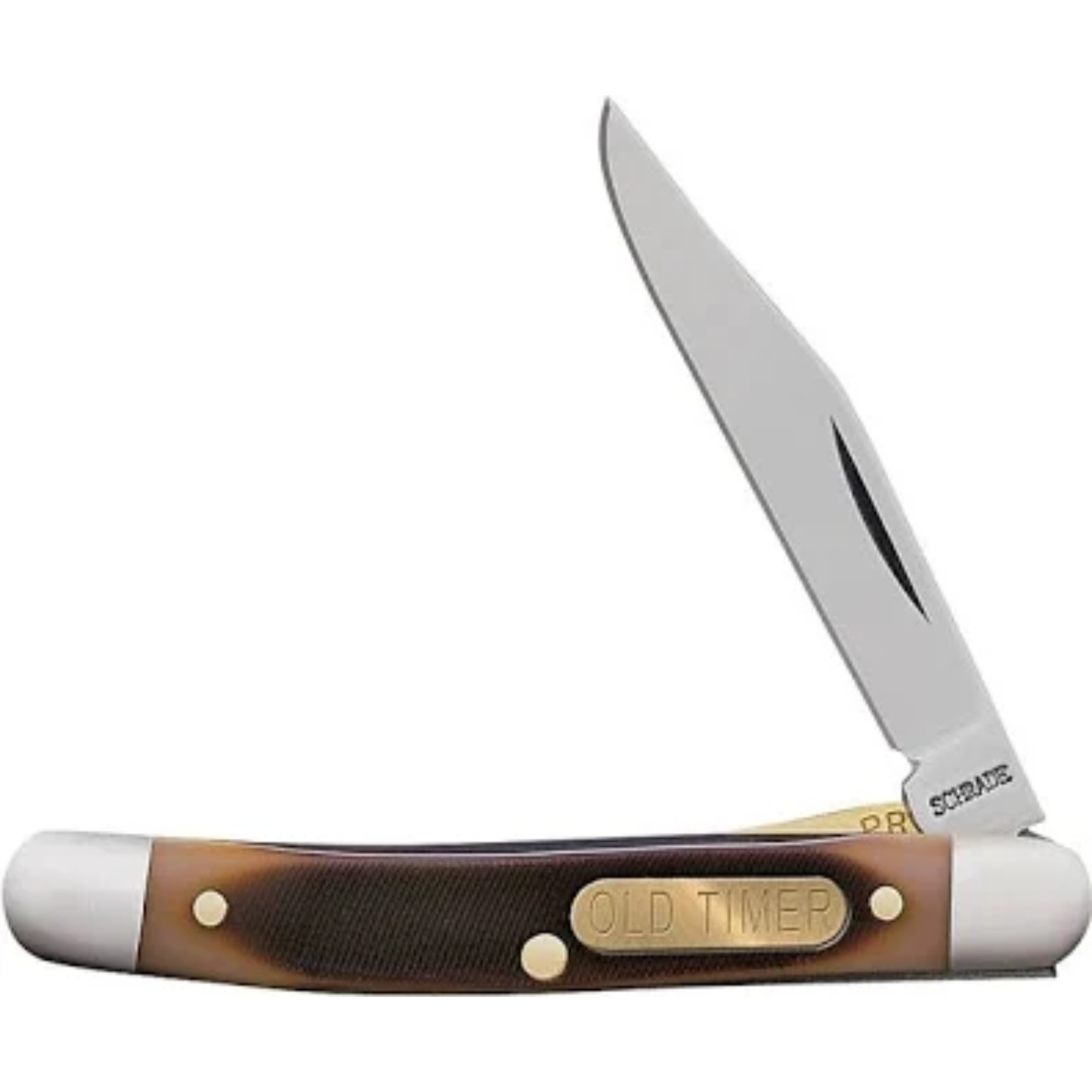 Folding knife with brown handle and visible 'Old Timer' branding on a white background