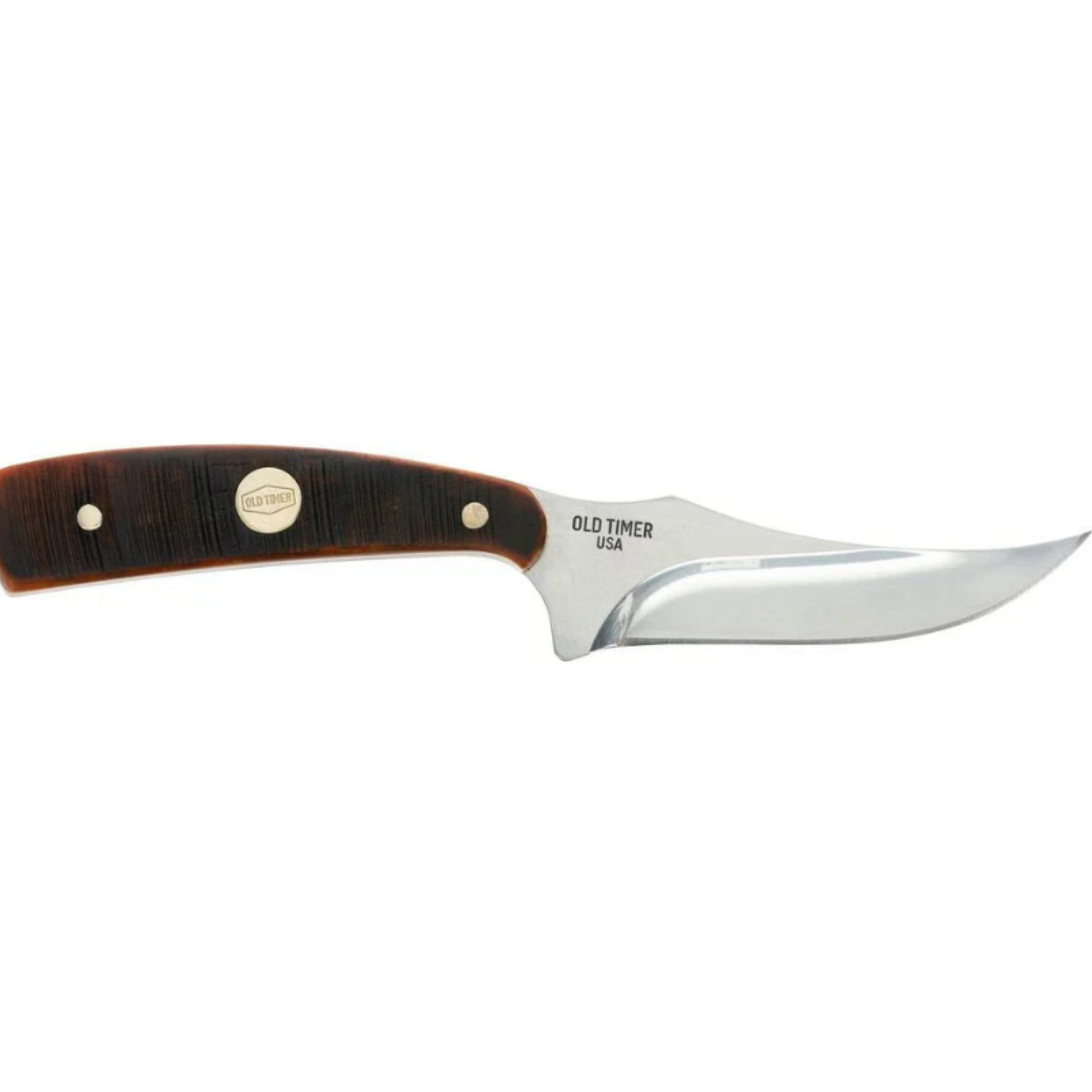 Knife with brown handle and silver blade on a white background, featuring 'Old Timer USA' branding.