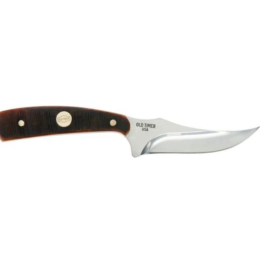 Knife with brown handle and silver blade on a white background, featuring 'Old Timer USA' branding.