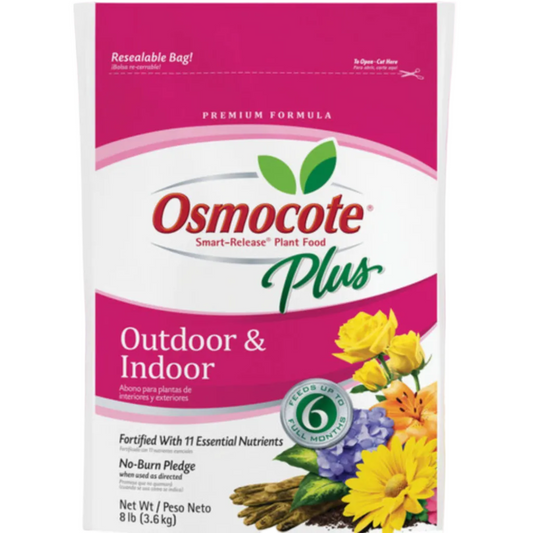 Osmocote Plus plant food package for outdoor and indoor plants with flowers on a white background