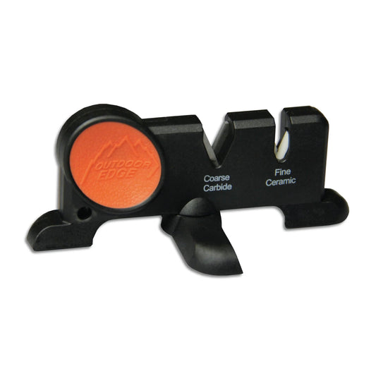 Knife sharpener with orange wheel and labeled sections on a white background