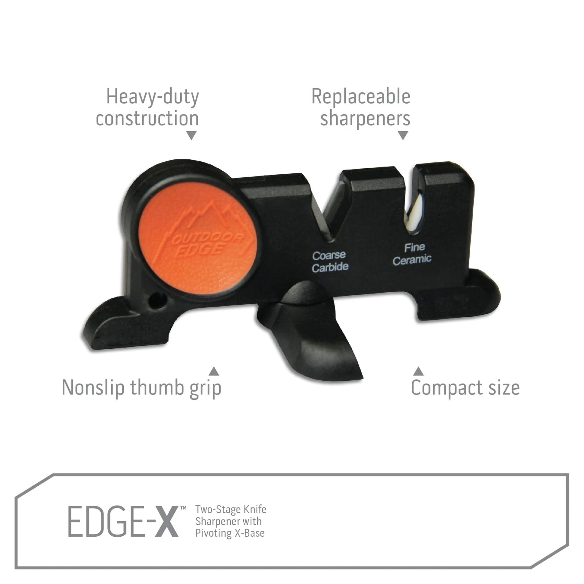 EDGE-X two-stage knife sharpener with features highlighted on a white background