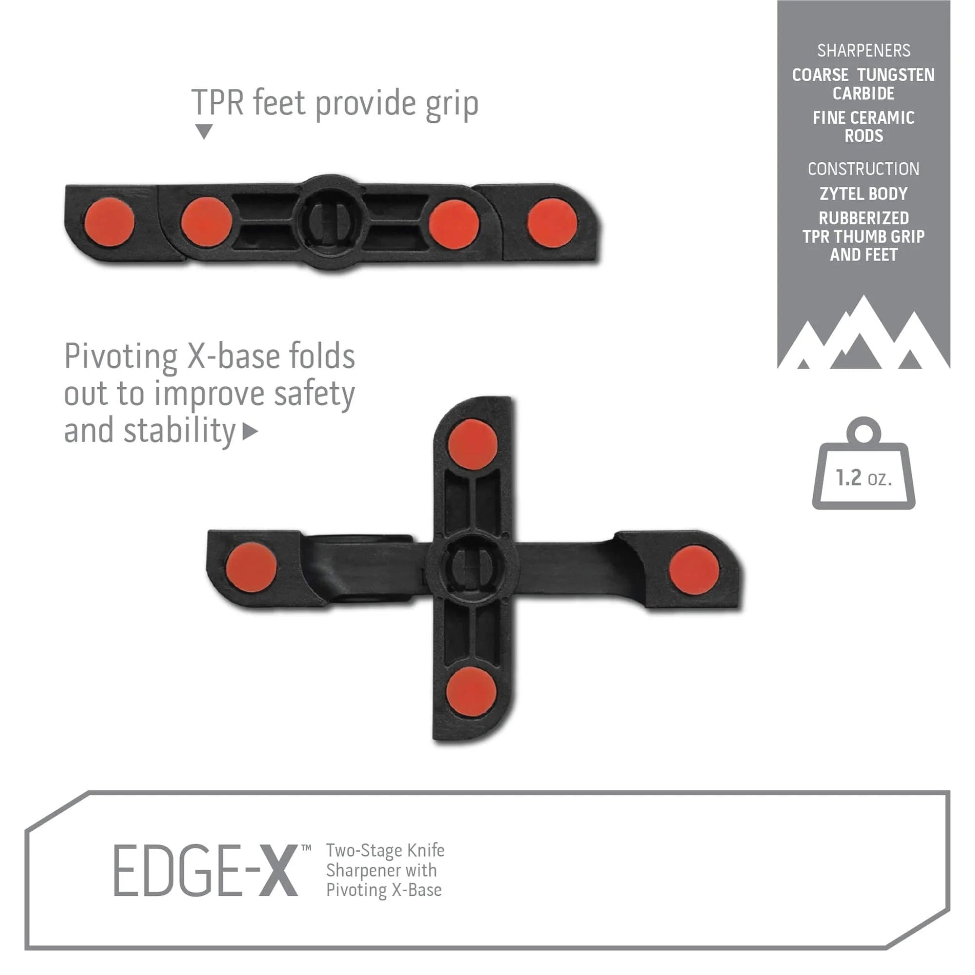 EDGE-X two-stage knife sharpener with TPR feet and pivoting X-base on a white background