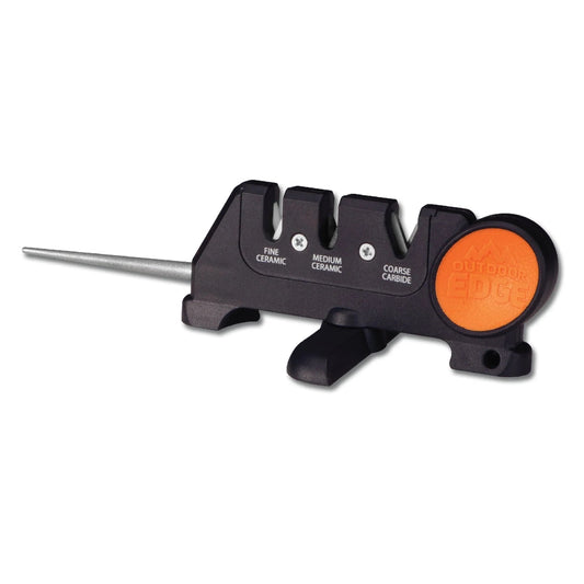 Knife sharpener with three stages labeled on a white background