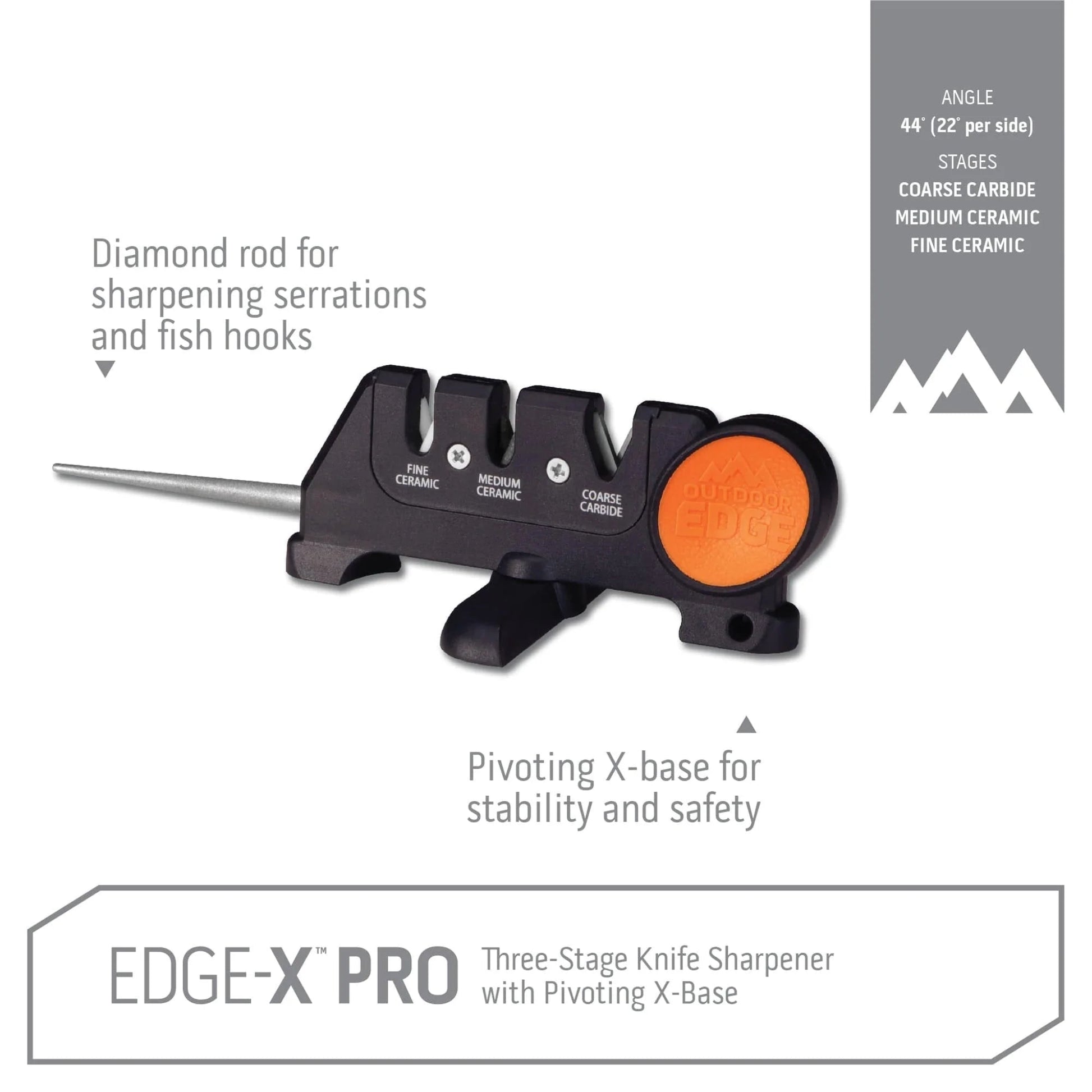 EDGE-X PRO three-stage knife sharpener with pivoting X-base on a white background