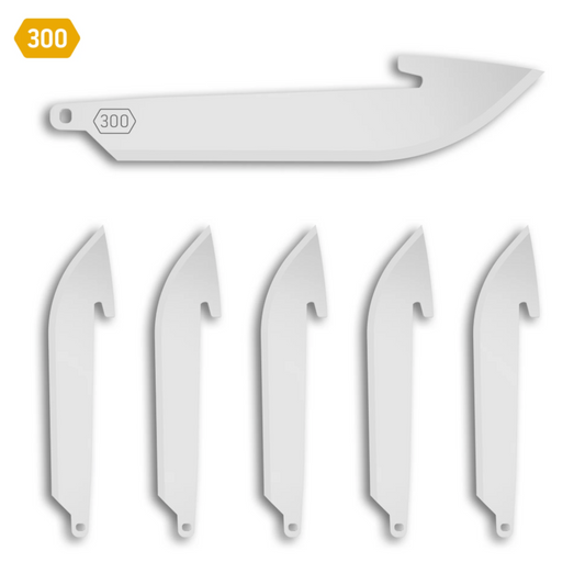 Set of six white blades with a larger blade above them on a white background