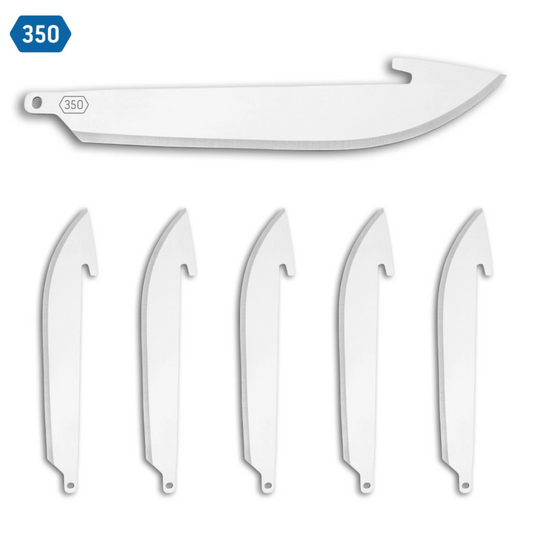 Set of white blades with a large blade above them on a white background