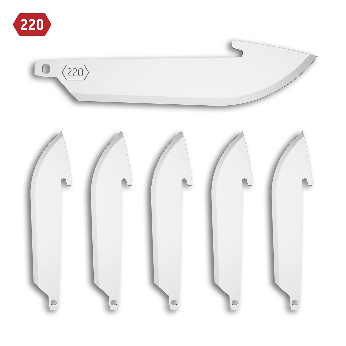 Set of six white blade attachments with a large blade above on a white background