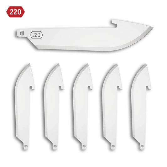 Set of six white blade attachments with a large blade above on a white background