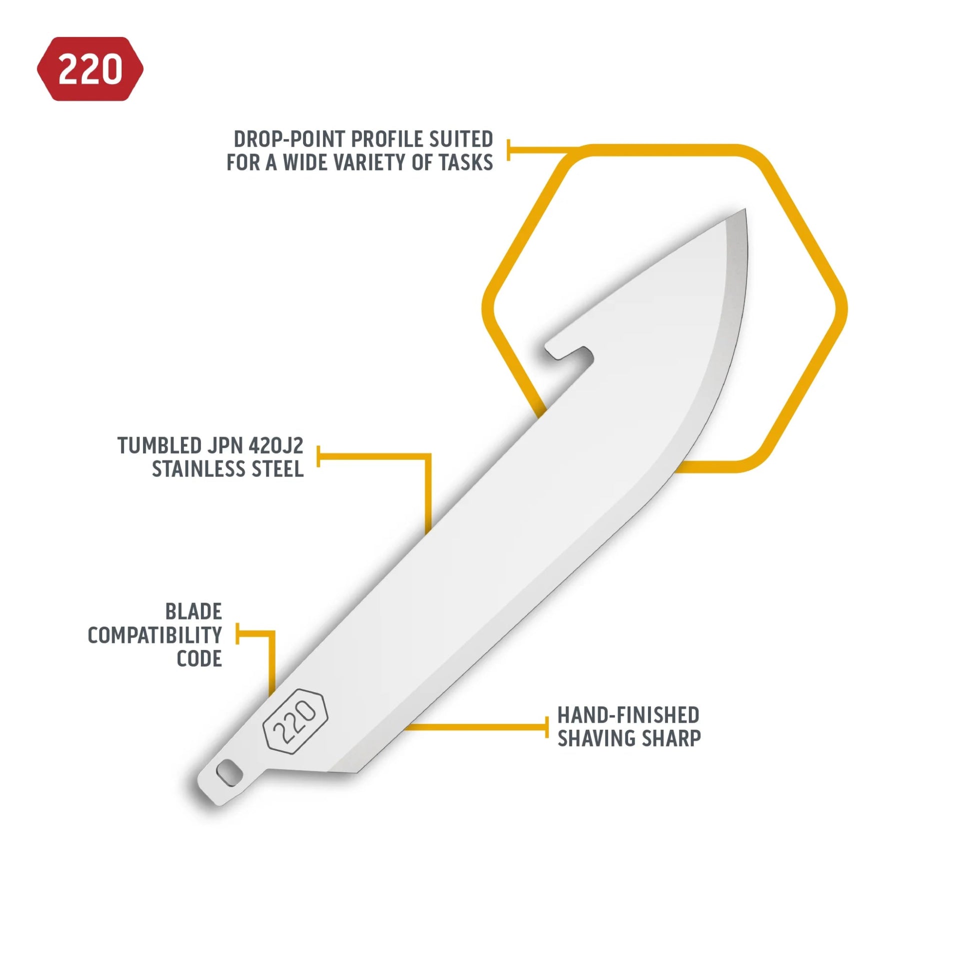 Knife blade with features highlighted on a white background