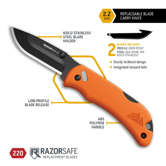 Orange folding knife with features highlighted on a white background