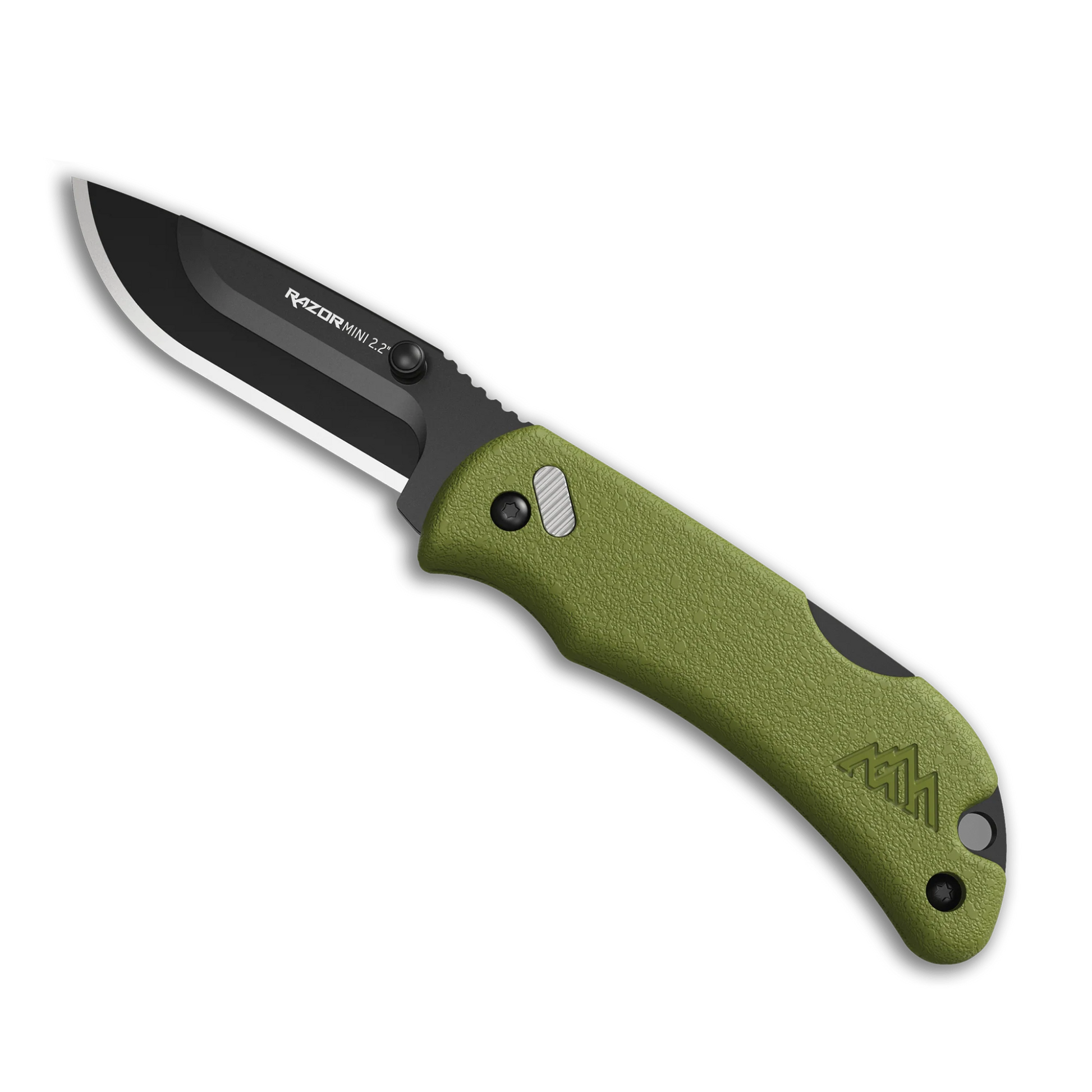 Green folding knife with black blade on a white background