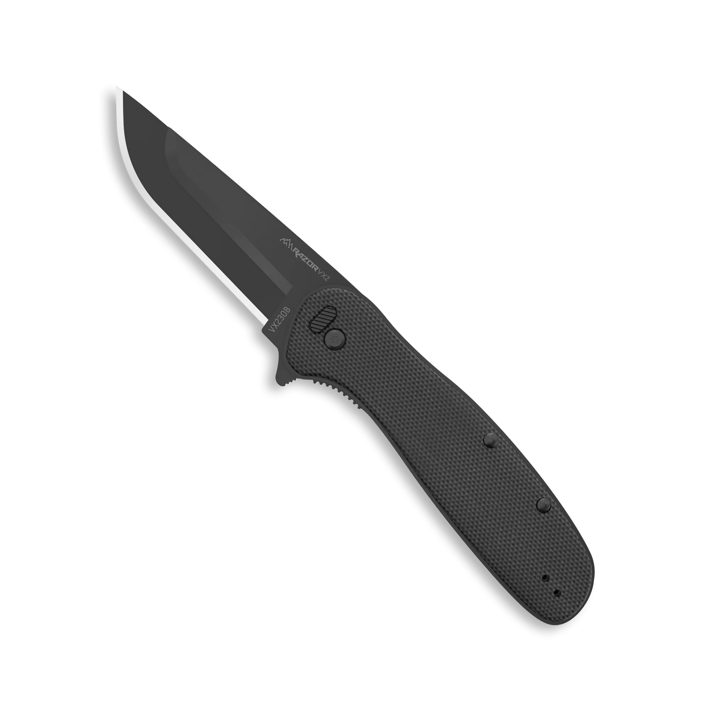 Black folding knife with a textured handle on a white background