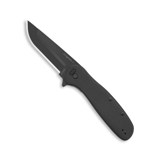 Black folding knife with a textured handle on a white background