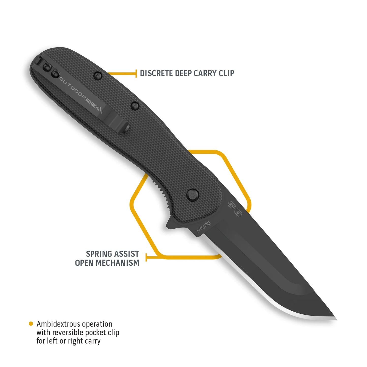Folding knife with labeled features on a white background