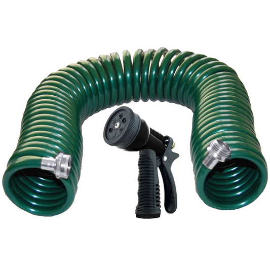 Green coiled garden hose with a black spray nozzle on a white background