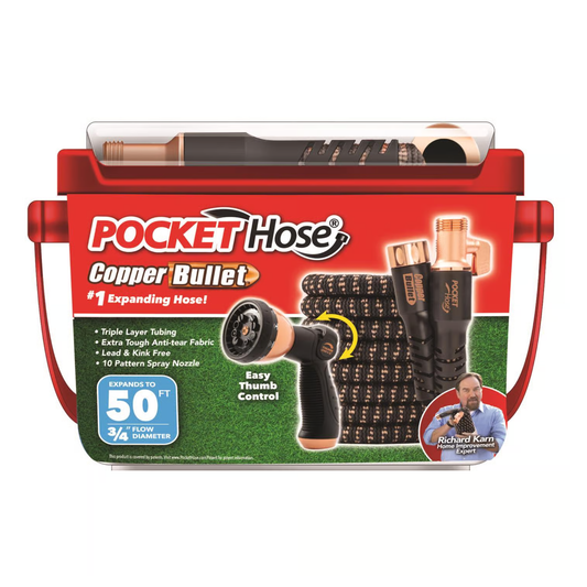 Pocket Hose Copper Bullet packaging with hose and nozzle on a white background