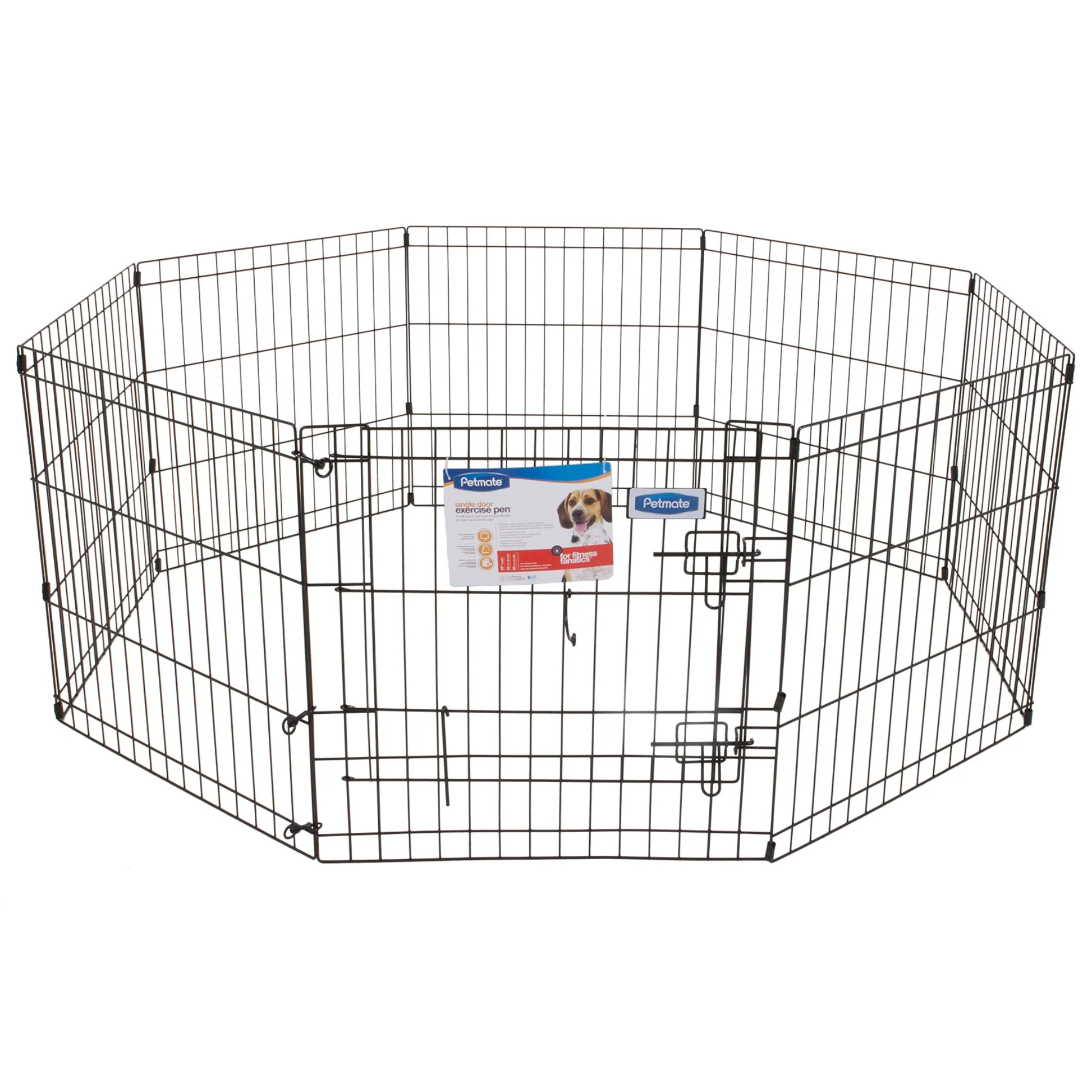 Black metal pet exercise pen with a brand label on a white background