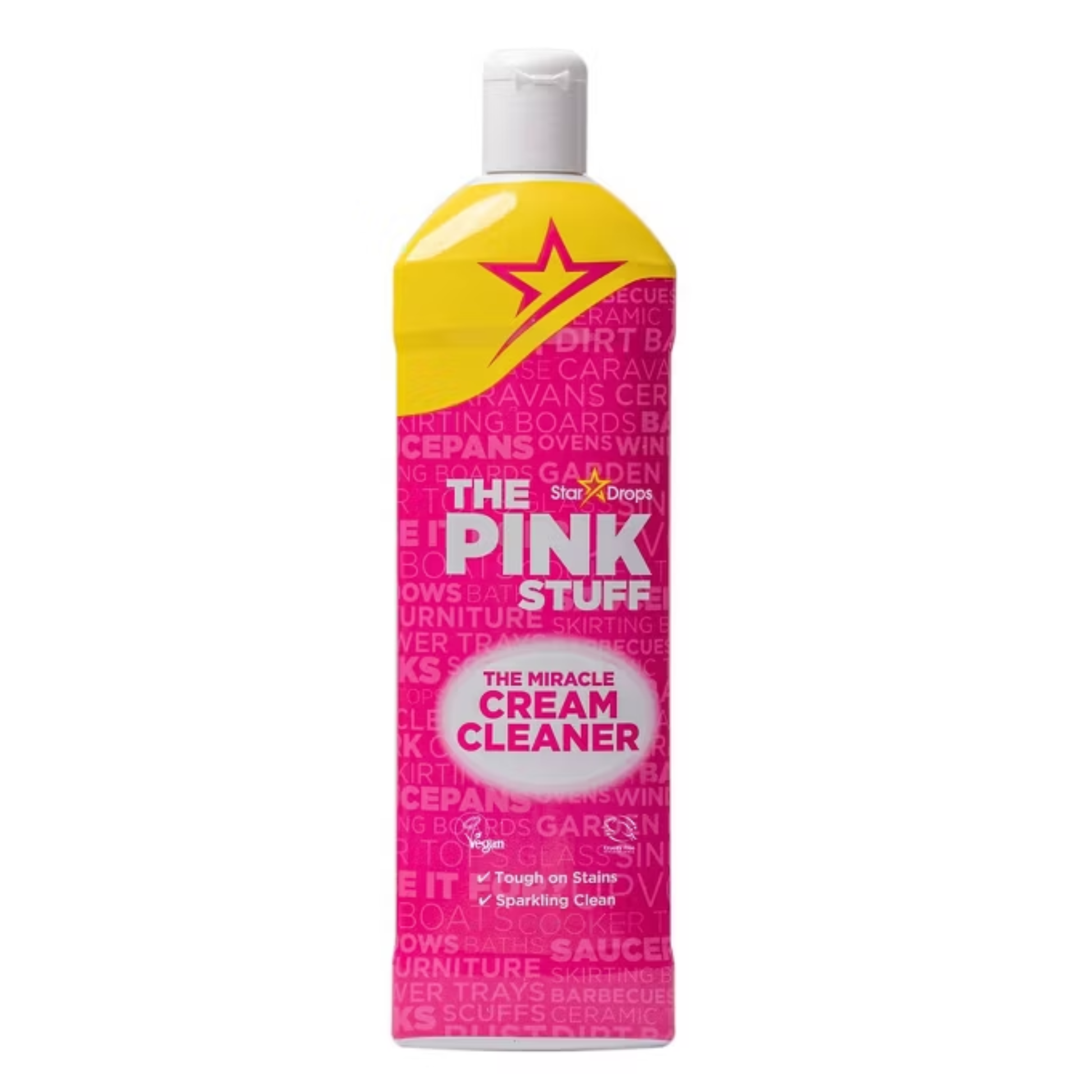Bottle of 'The Pink Stuff' miracle cream cleaner with yellow cap on a white background