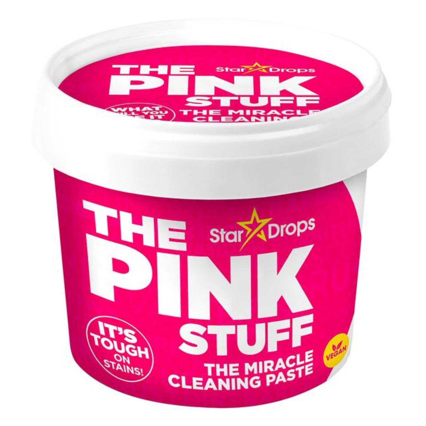 Pink container of 'The Pink Stuff' cleaning paste with StarDrops branding on a white background