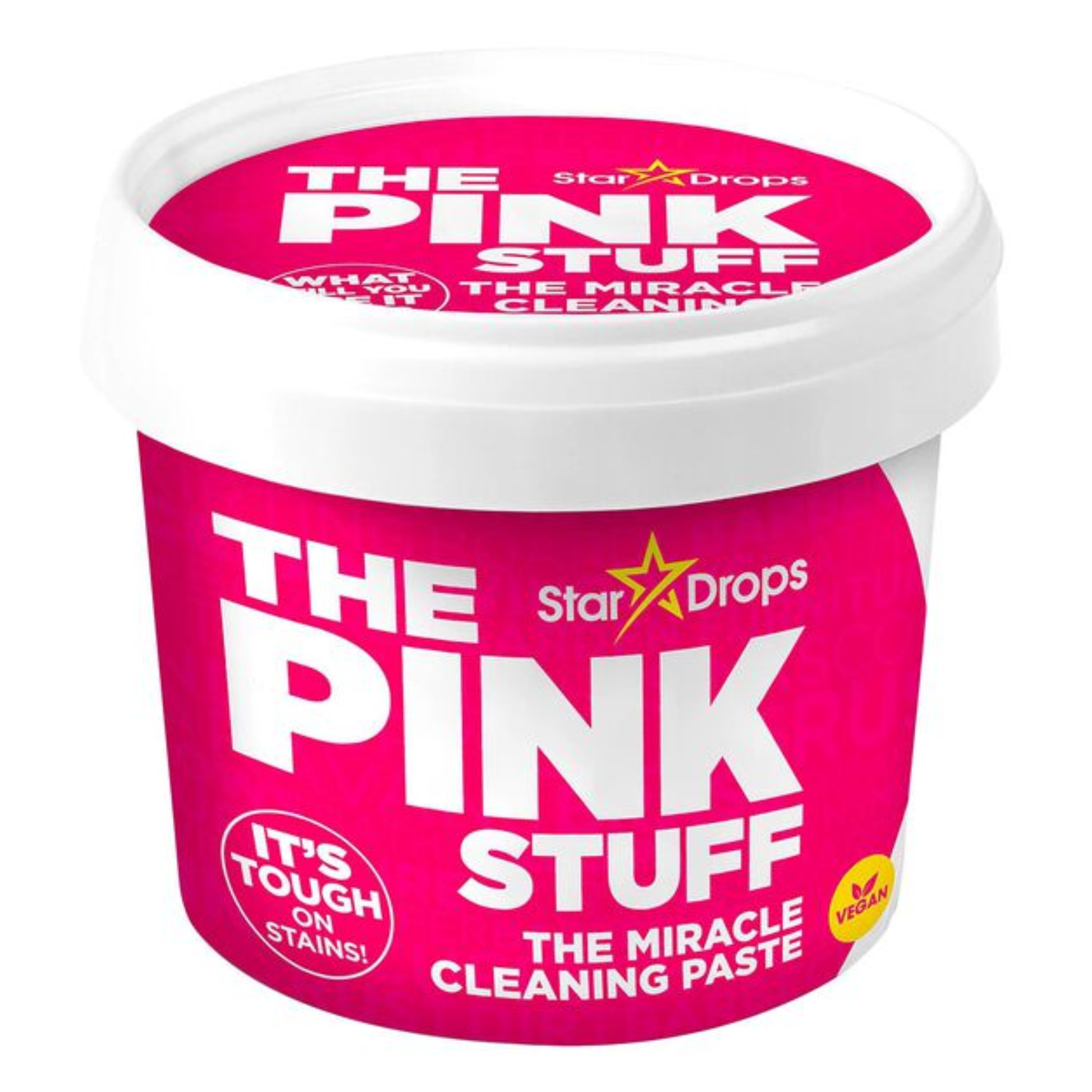 Pink container of 'The Pink Stuff' cleaning paste with StarDrops branding on a white background