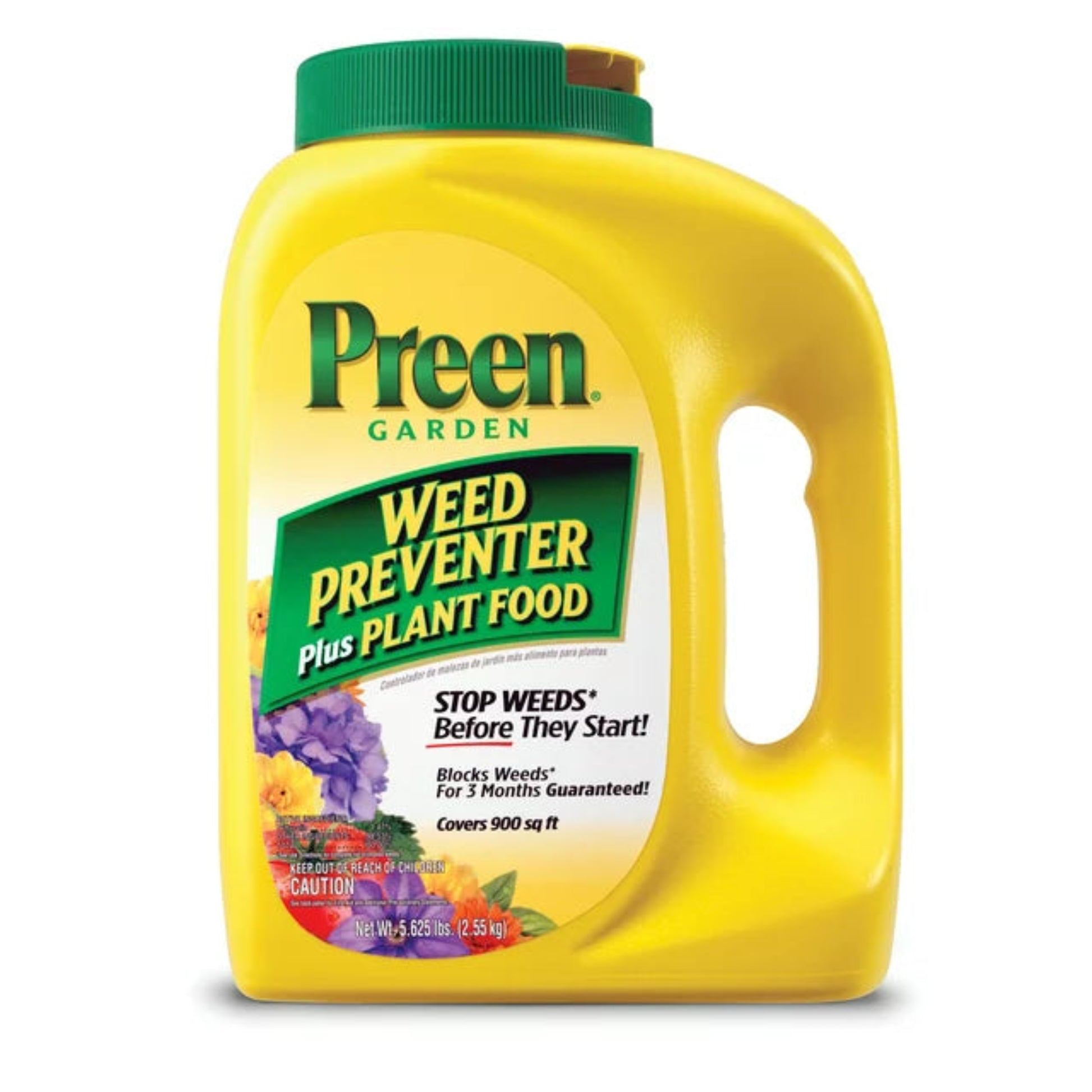 A jug of Preen Weed Preventer plus Plant Food on a white background.