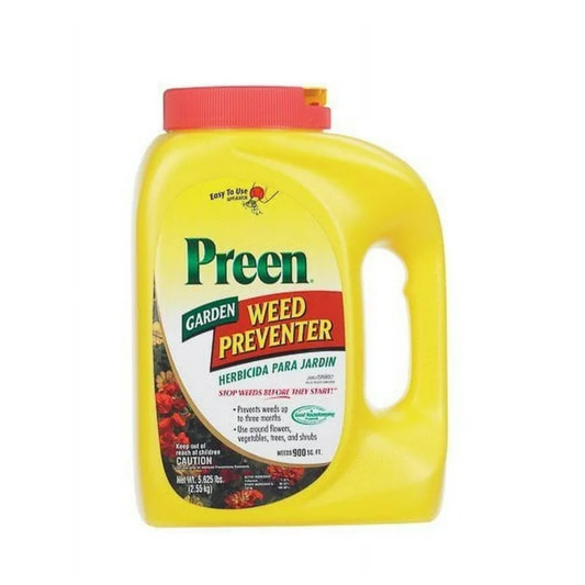 Yellow container of Preen Garden Weed Preventer on a white background