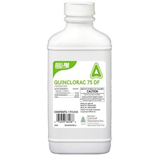 White bottle of Quinclorac 75 DF herbicide with green label on a white background