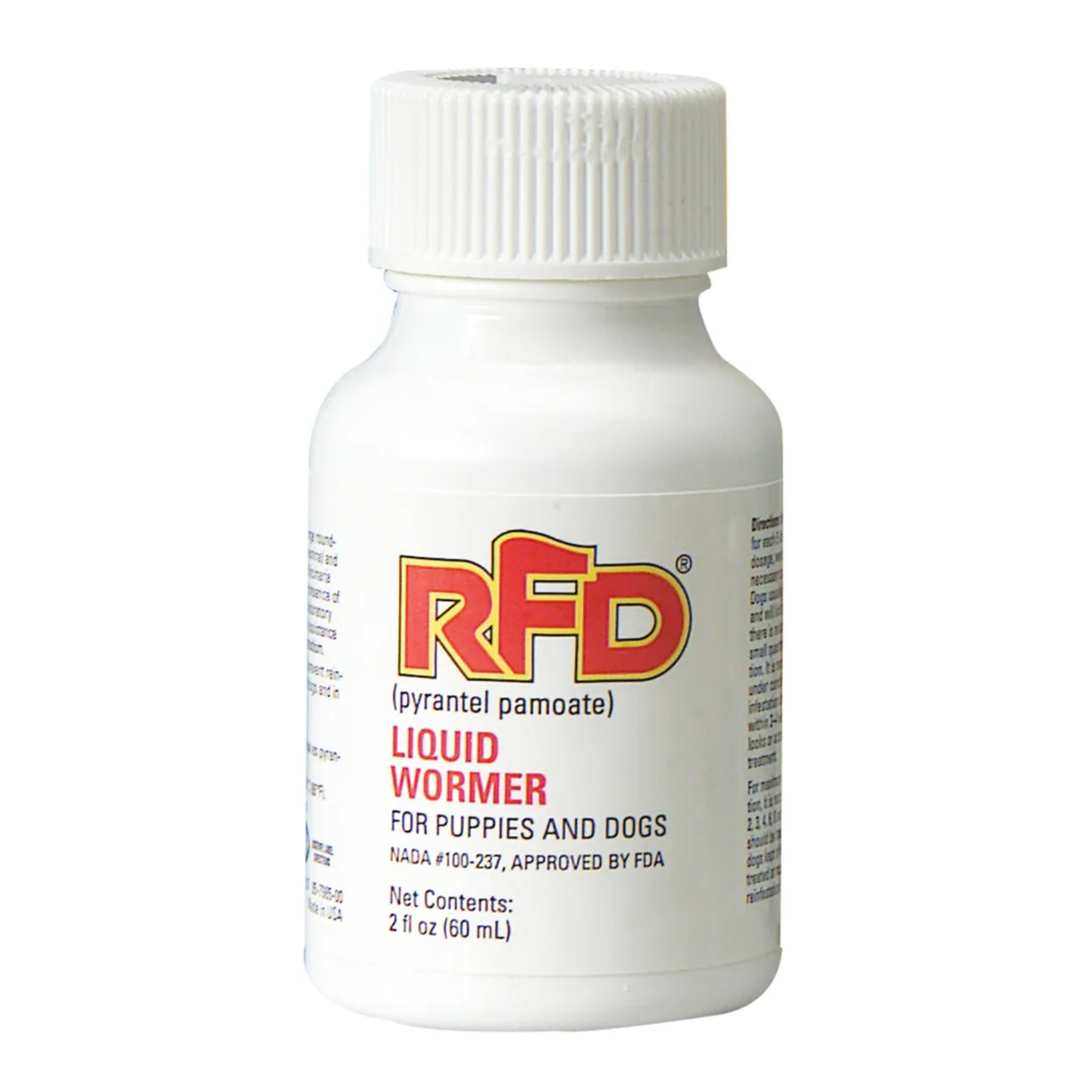 White bottle of RFD Liquid Wormer for puppies and dogs on a white background