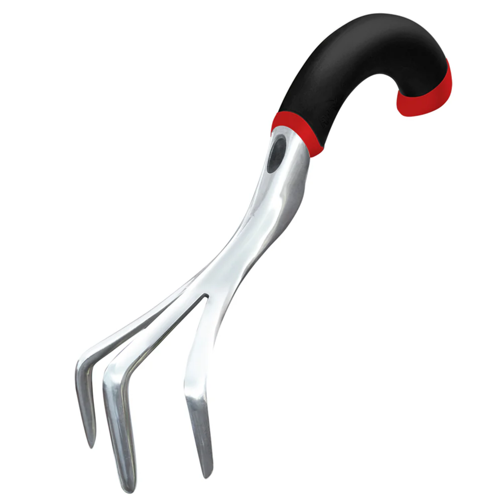 Gardening tool with black and red handle on a white background