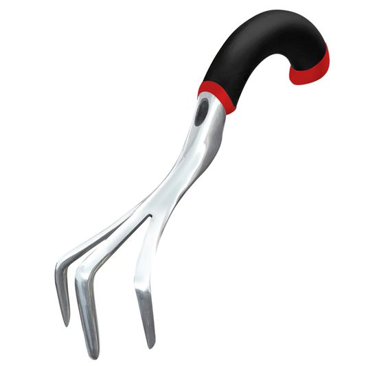 Gardening tool with black and red handle on a white background