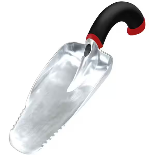 Metal garden shovel with a black and red handle on a white background