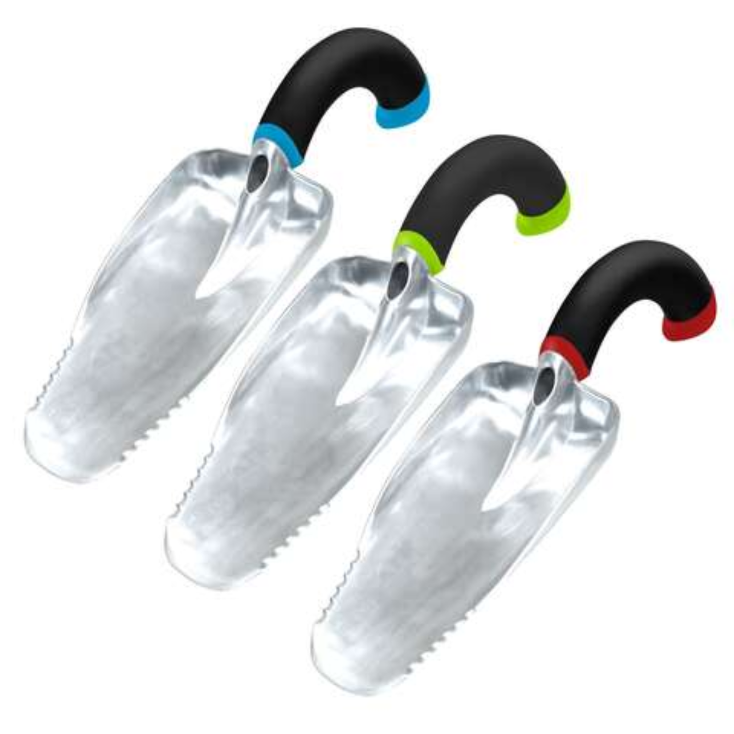 Three garden trowels with colored handles on a white background