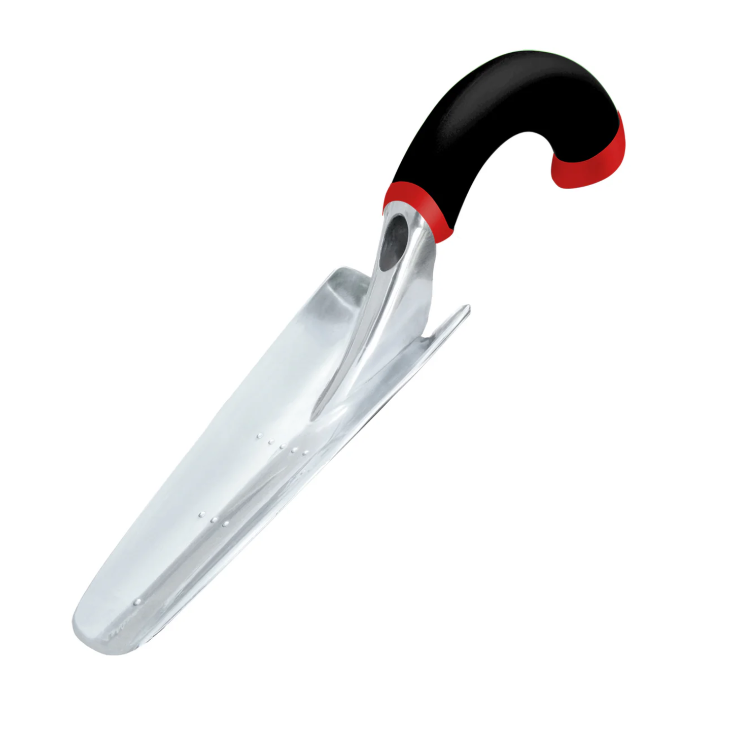 Metal trowel with a black and red handle on a white background