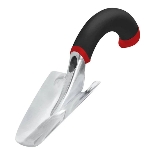 Gardening trowel with black and red handle on a white background