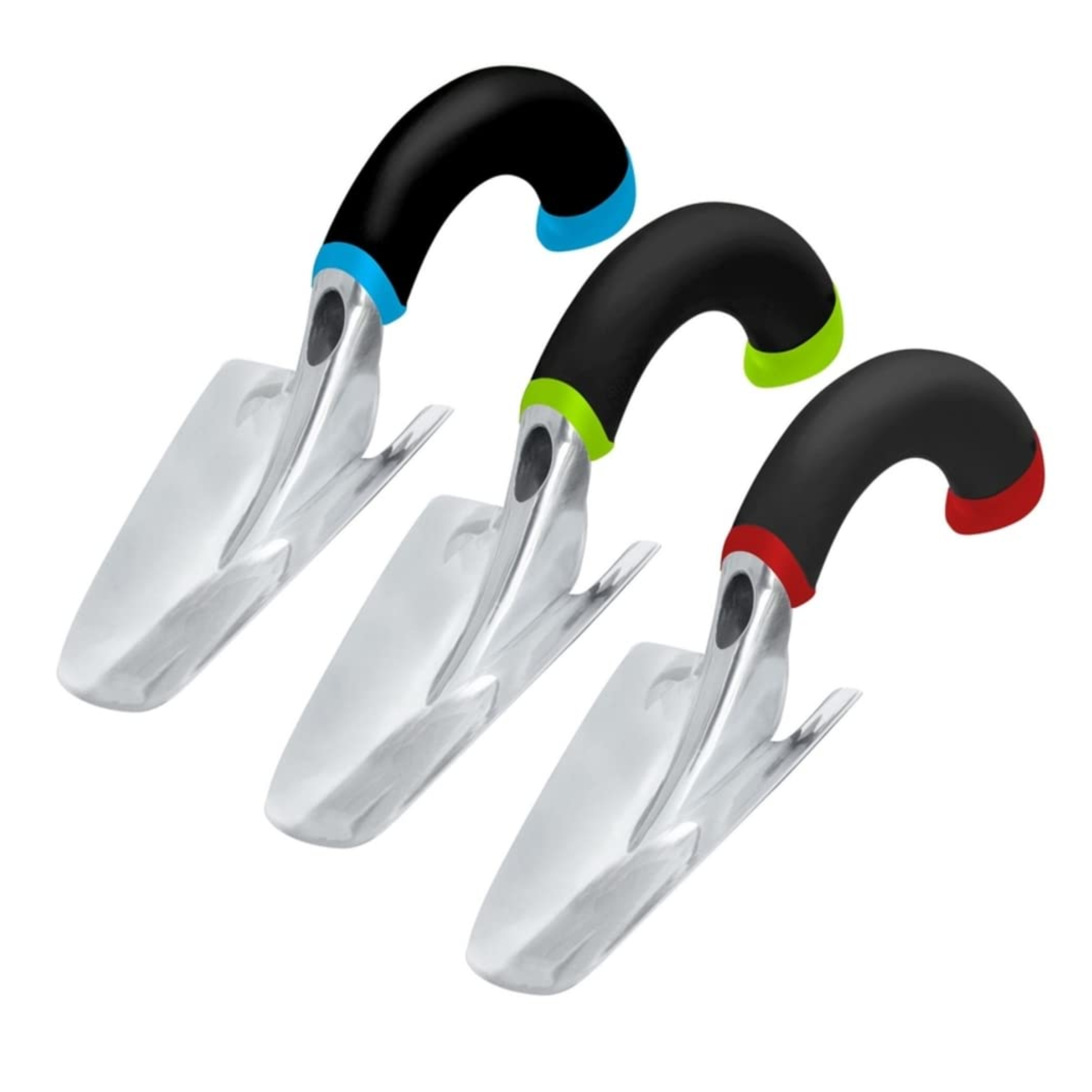 Three garden trowels with colored handles on a white background