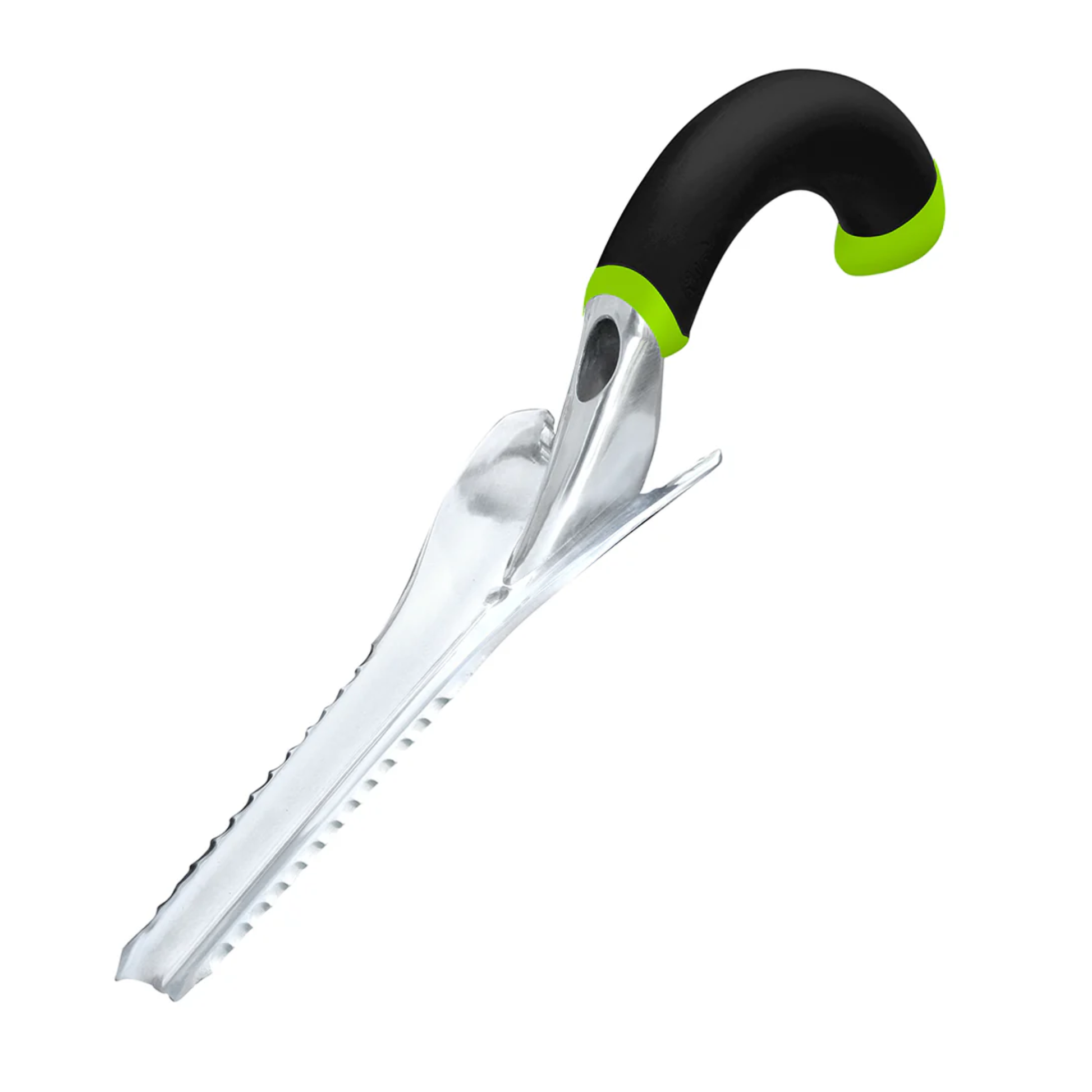 Garden weeder with black handle on a white background