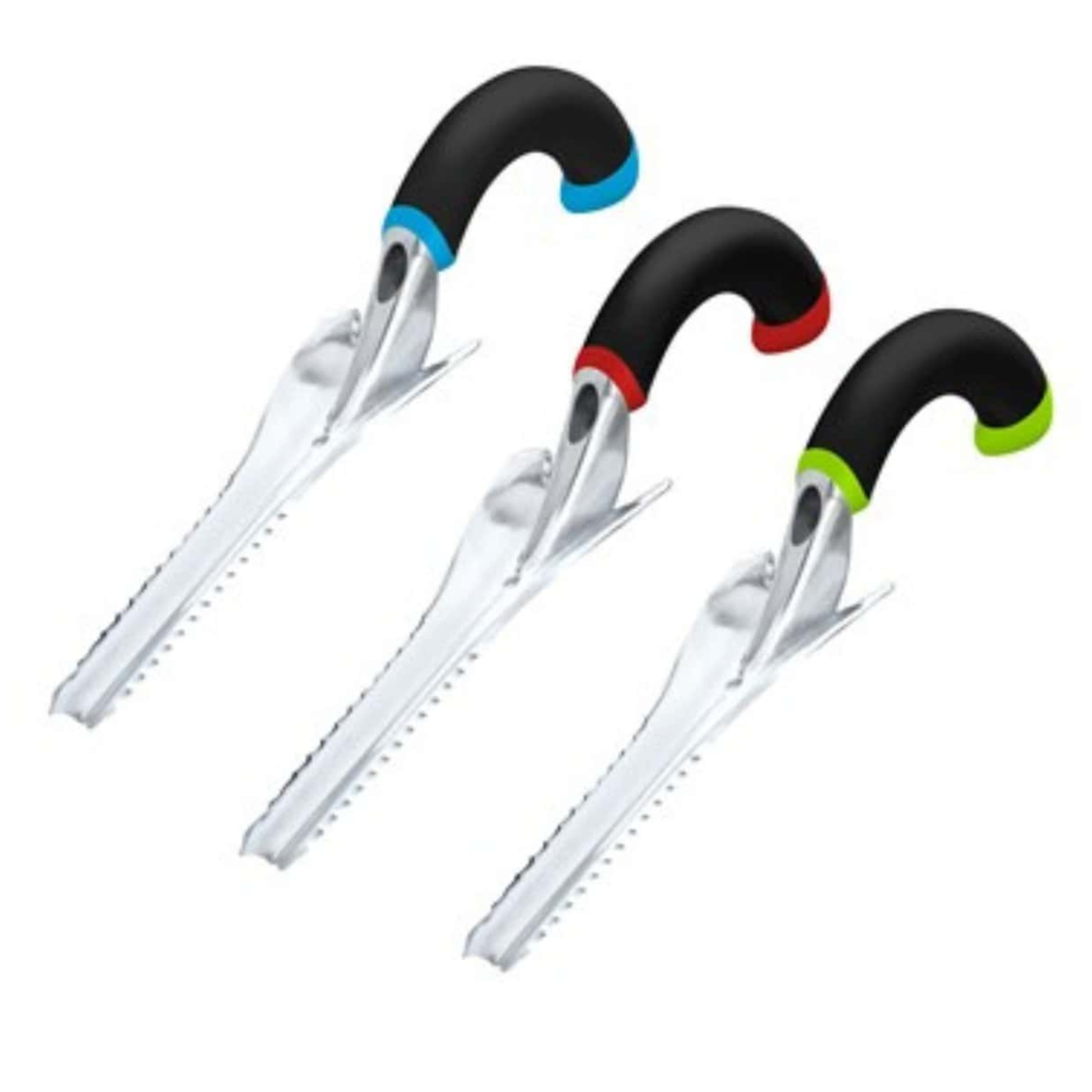 Three garden tools with color-coded handles on a white background