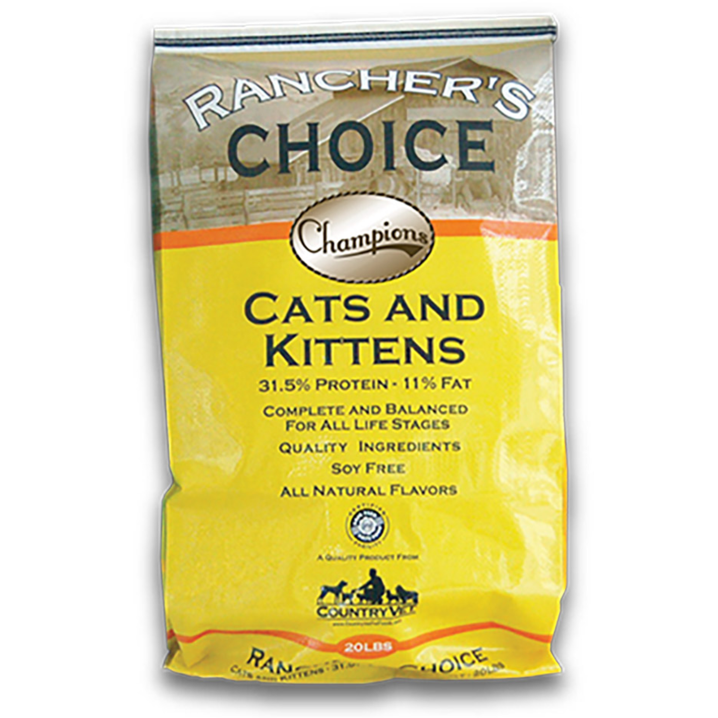 Bag of Rancher's Choice Champions cat food for cats and kittens on a white background