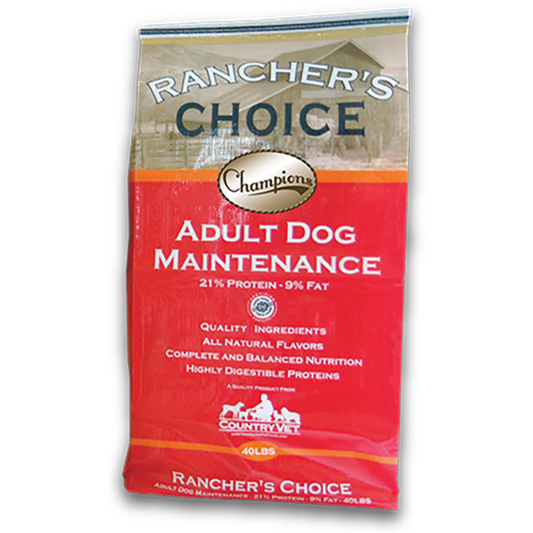 Bag of Rancher's Choice Champions Adult Dog Maintenance food on a white background