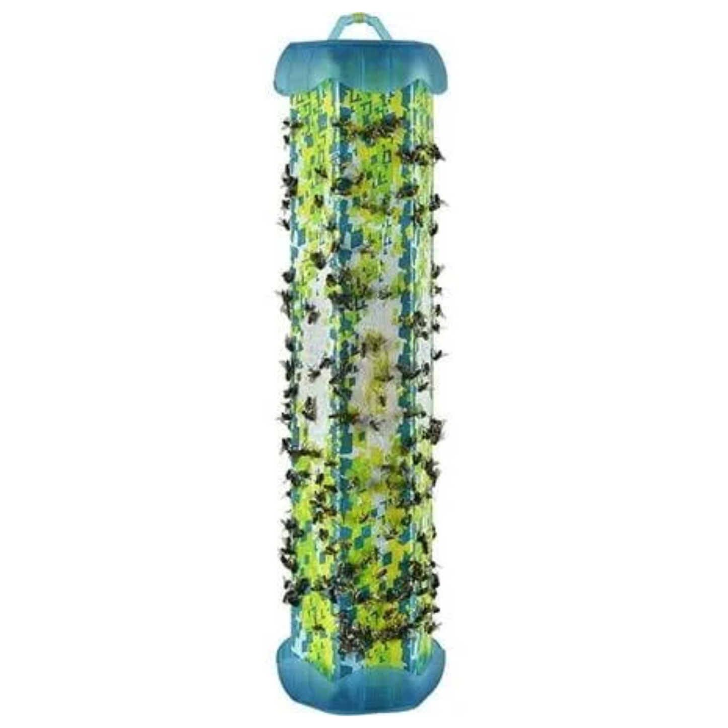 Tall cylindrical fly trap with green and blue design on a white background