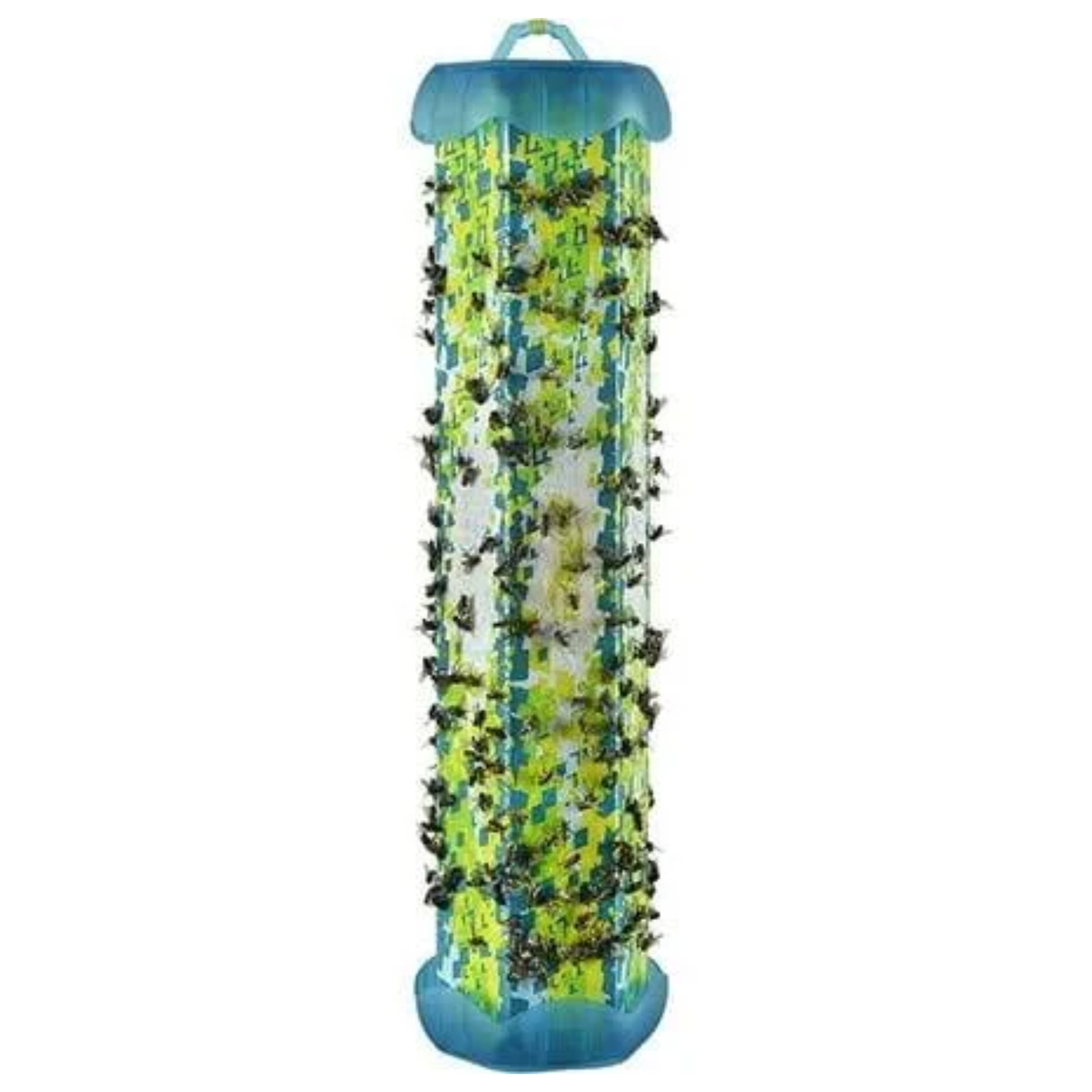 Tall cylindrical fly trap with green and blue design on a white background