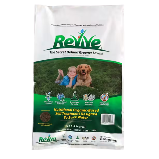Bag of Revive lawn treatment with a child and dog on a grassy background