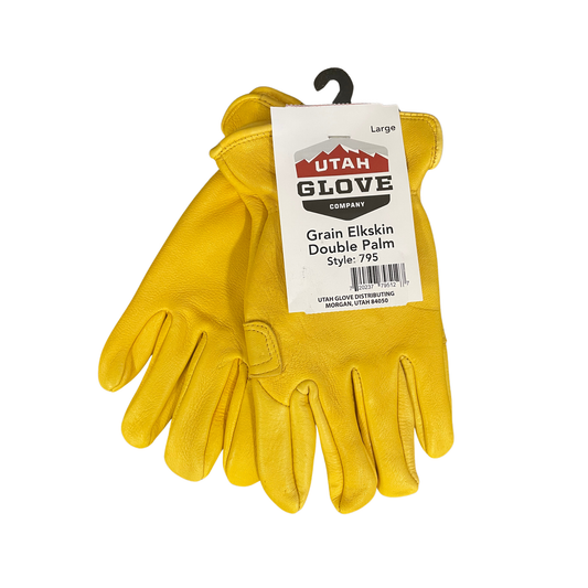 Yellow glove with a Utah Glove Company label on a white background