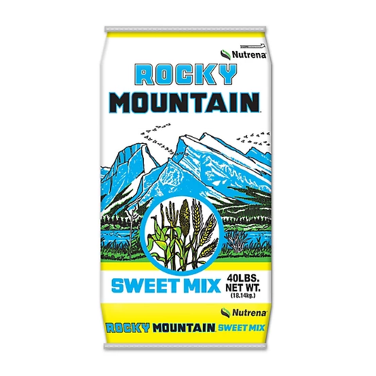 Bag of Rocky Mountain Sweet Mix feed with mountain graphic on a white background