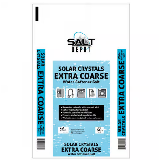 Package of Salt Depot Solar Crystals Extra Coarse water softener salt on a white background