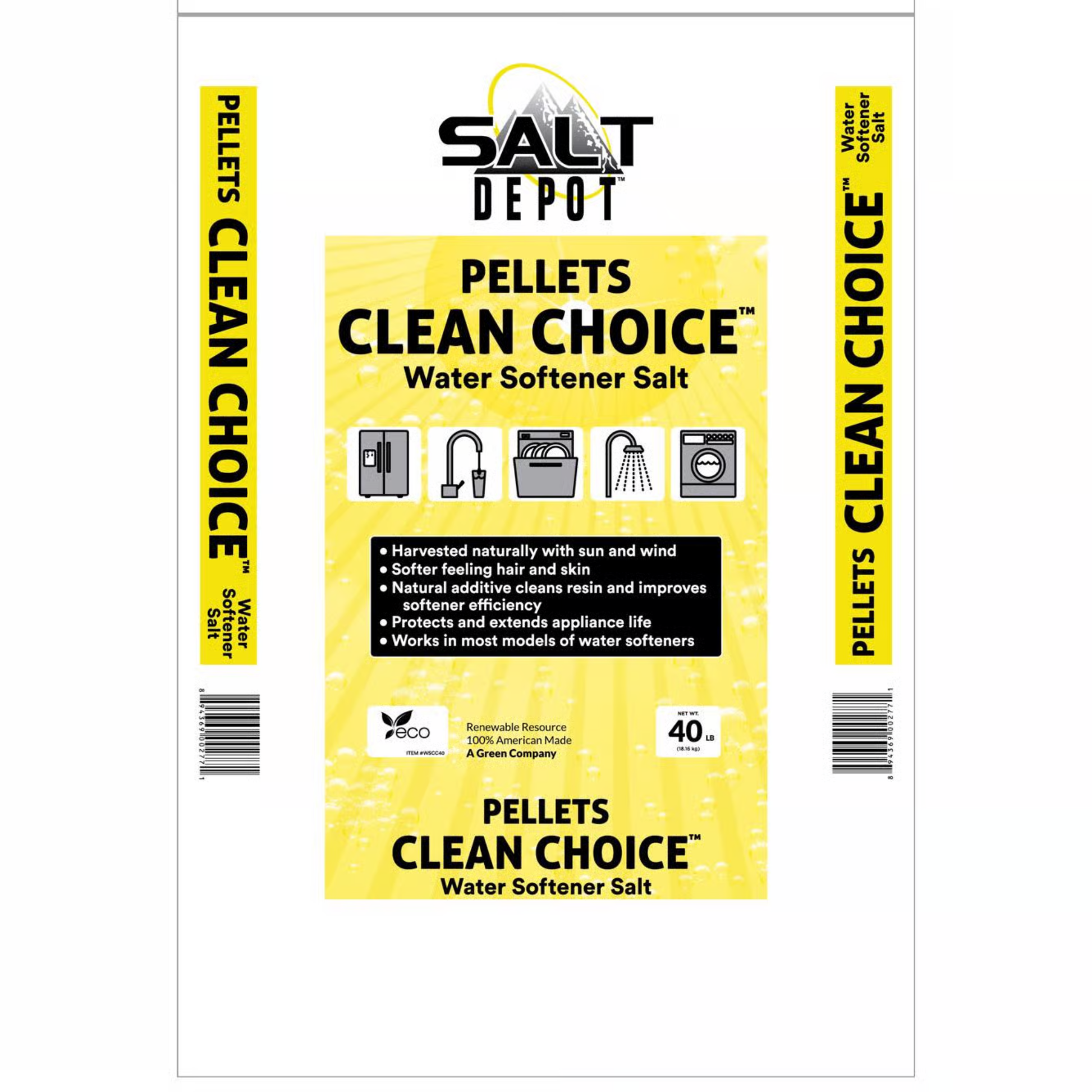 Salt Depot Clean Choice water softener salt package on a white background