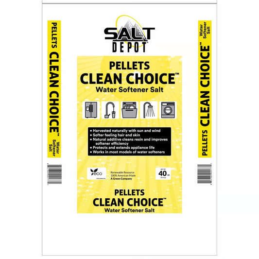 Salt Depot Clean Choice water softener salt package on a white background